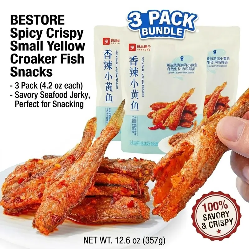BESTORE Spicy Crispy Small Yellow Croaker Fish Snacks - 3 Pack (4.2 oz each) - Savory Seafood Jerky, Perfect for Snacking
