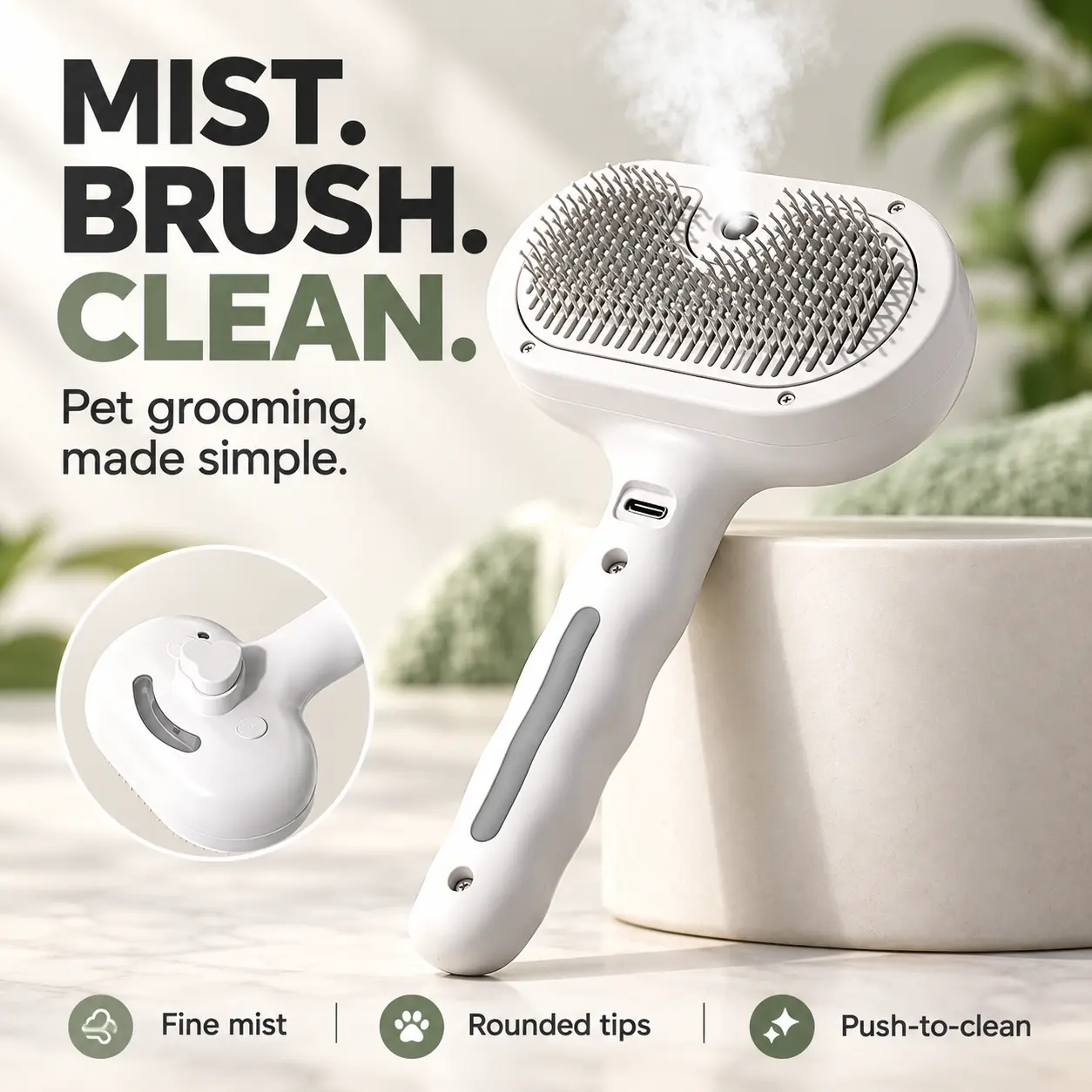 Self-Cleaning Spray Grooming Brush for Cats-Dogs, Right Hand-Designed ABS Plastic Tool with Rounded Tips, Universal Loose Hair Removal & Moisturizes Functionality
