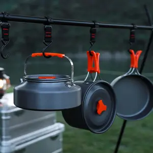 Portable folding aluminum alloy camping cookware set, camping equipment, campfire utensils, lightweight stackable pots, bowls, and spoons with storage bag, complete outdoor kitchen set, suitable for camping, backpacking, outdoor cooking, and picnics