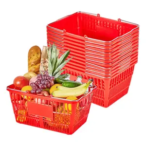 【DealsForYouDays】VEVOR Shopping Baskets, 12 PCS, 21L Stackable PE Plastic Grocery Baskets with Metal Handles, Dense Mesh Structure, Holds up to 20 lbs, Portable for Grocery, Retail, Stores, Supermarket, Home Use, Red
