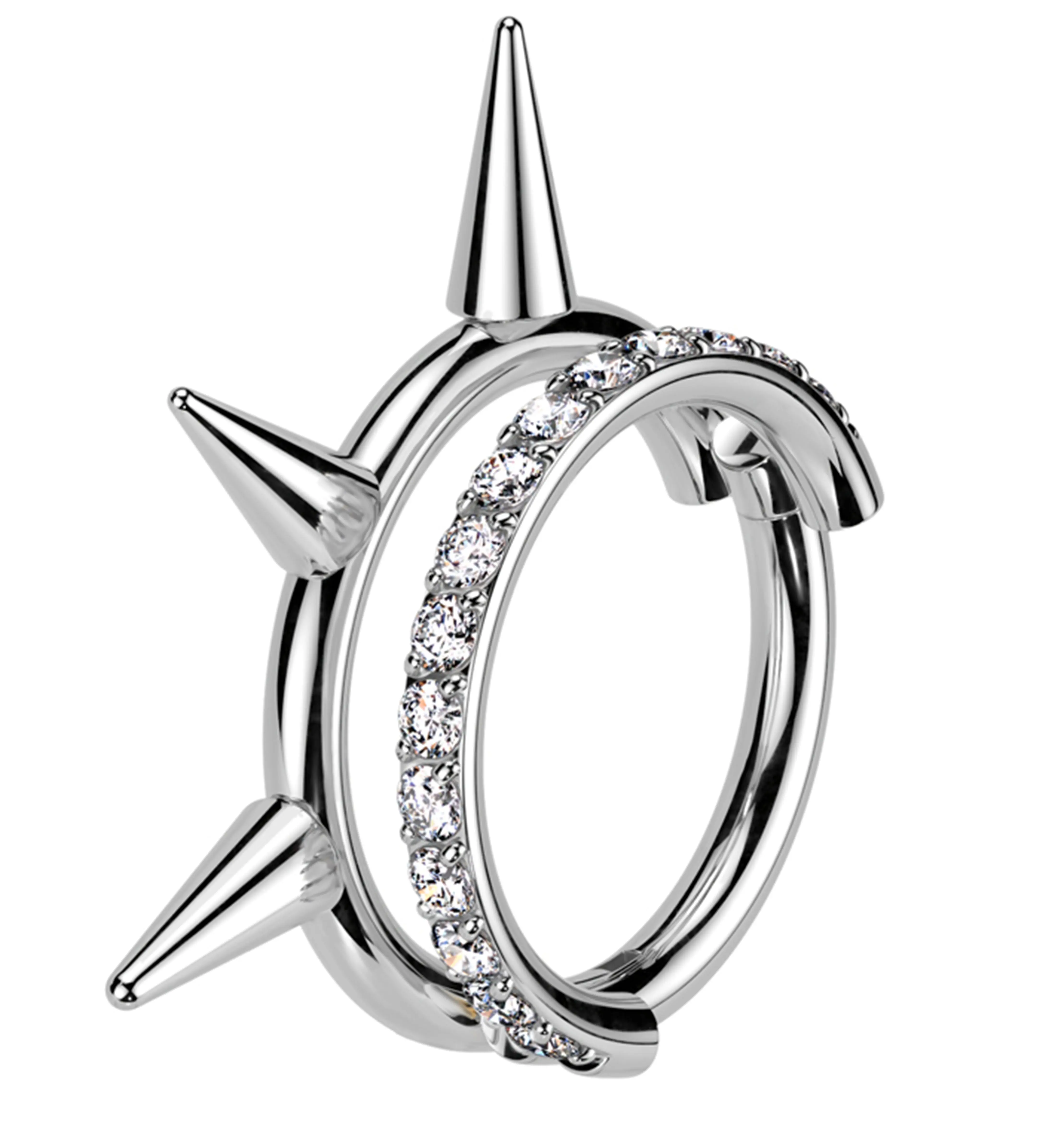 Unisex 16g Titanium Hinged Segmented Ring - Spikes + Gems Design, Double Row Cubic Zirconia, 3/8" (10mm), Easy Insertion Fashion Costume Jewelry Accessory