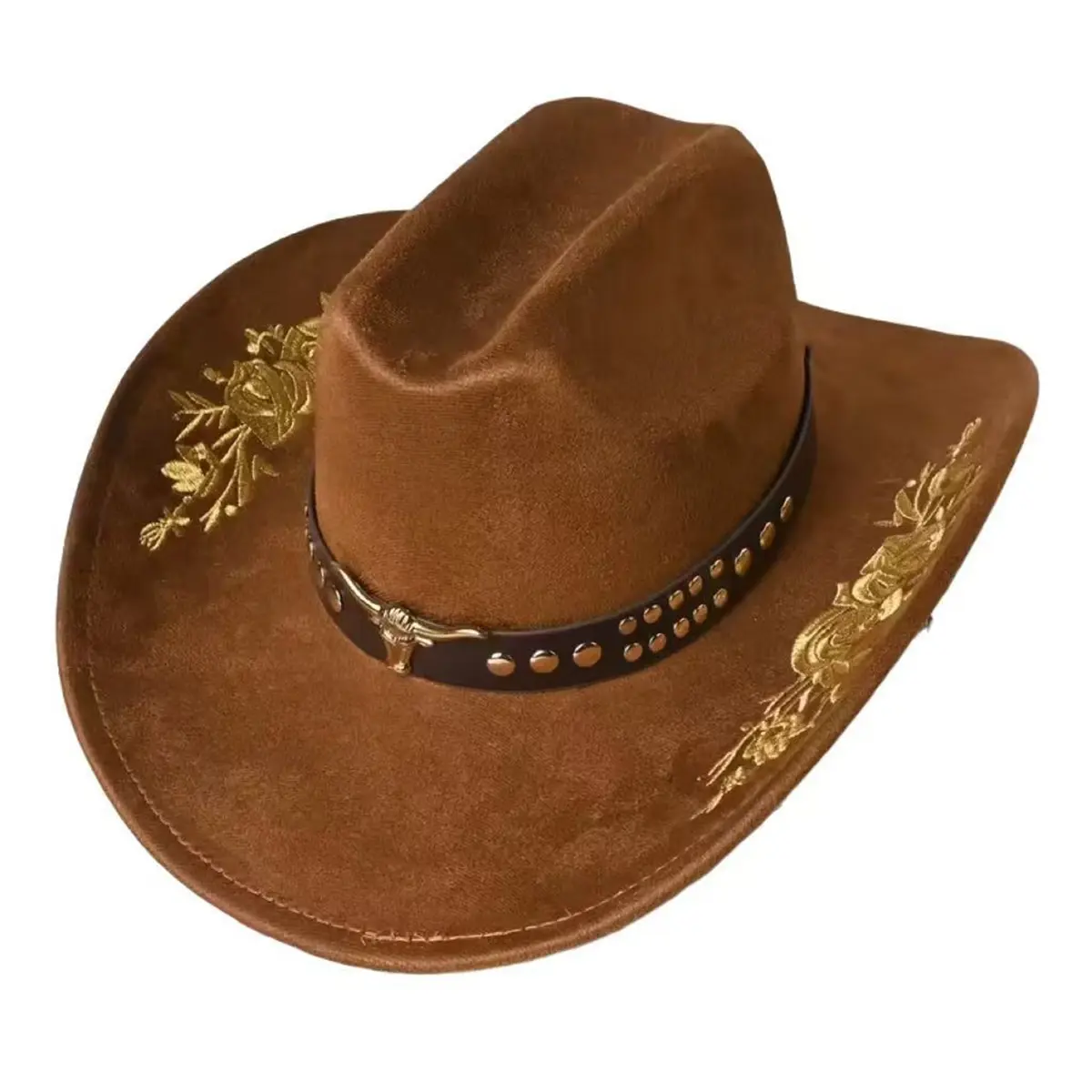 Unisex One Size Embroidery Cowboy Hat - Wide Brim, Cattle Head Belted Wool Felt Cap for Party Wear