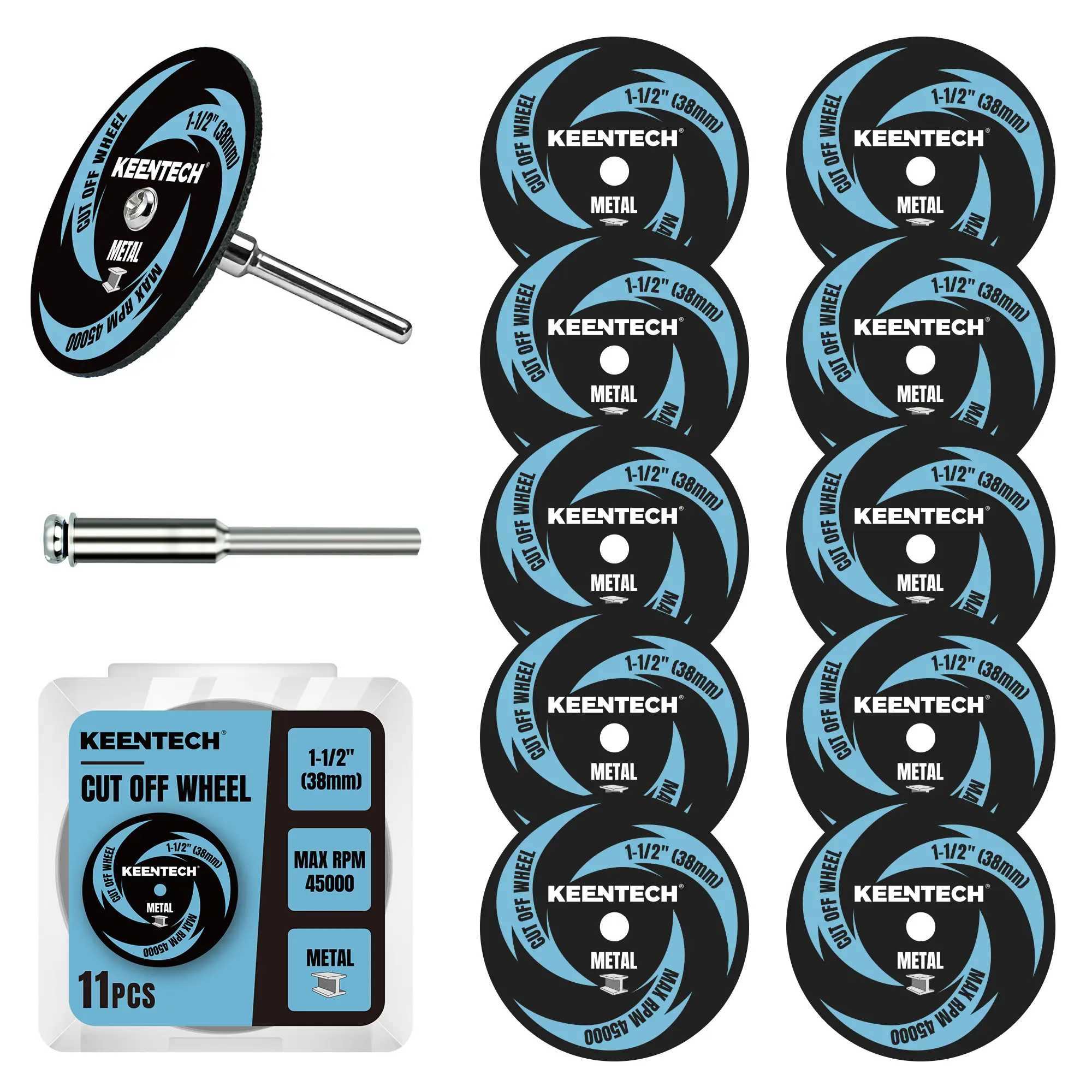 KEENTECH 1-1/2" Cut Off Wheels, 11-Pack Fiberglass Reinforced Cutting Discs (1.5" x 1/8") with 1 Mandrel, Rotary Tool Accessories for Metal