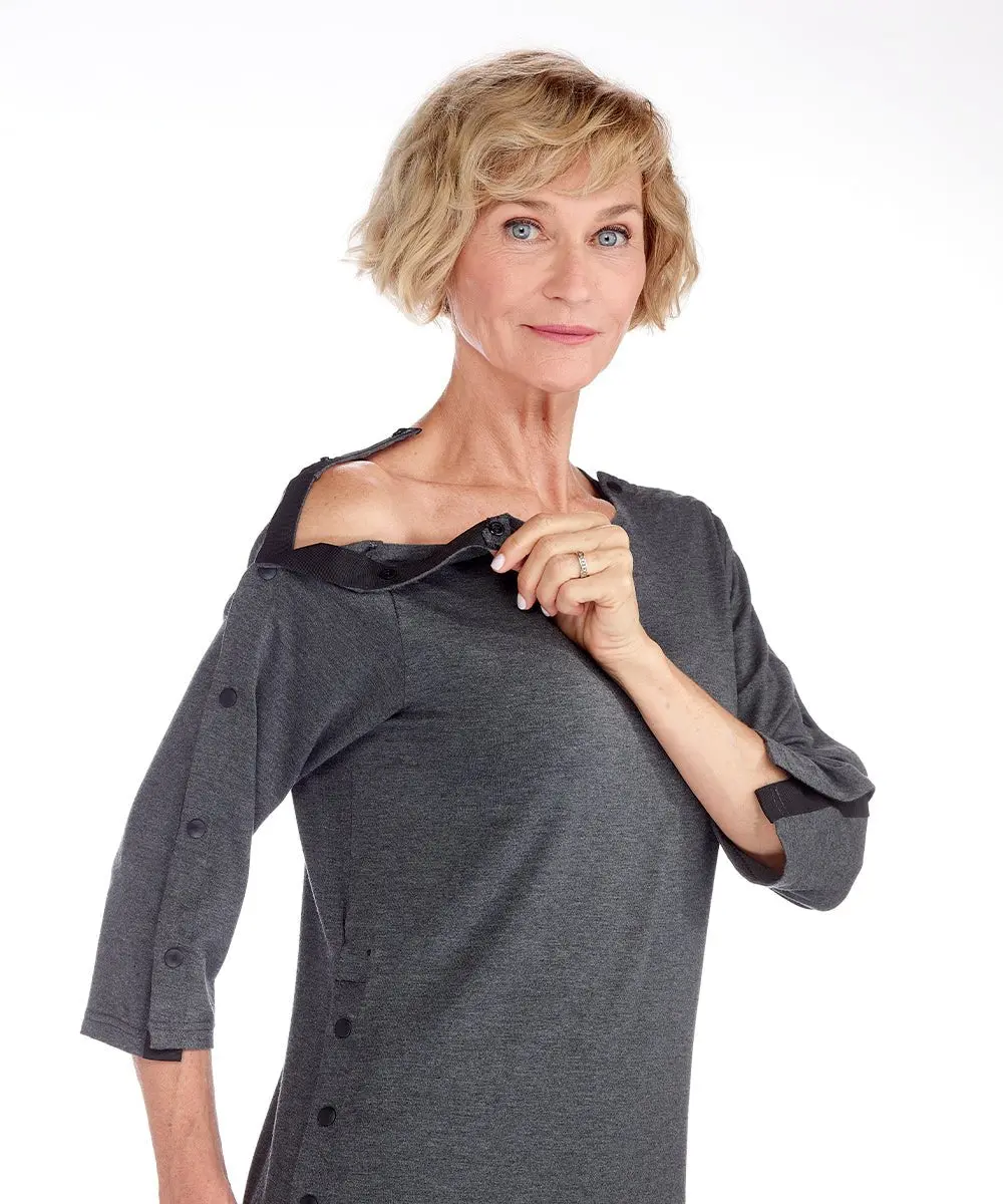 Women's Adaptive Post-Surgical T-Shirt - Spandex Fabric, Comfortable, Casual, Heart Surgery Recovery Top With Snaps