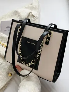 Fashion Chain Decorated Tote Bag As Summer Outfits 2024, Elegant Colorblock Letter Label Design Shoulder Bag for Women, All-match Commuter Bag for Work & Daily Used, PU Tote Satchel