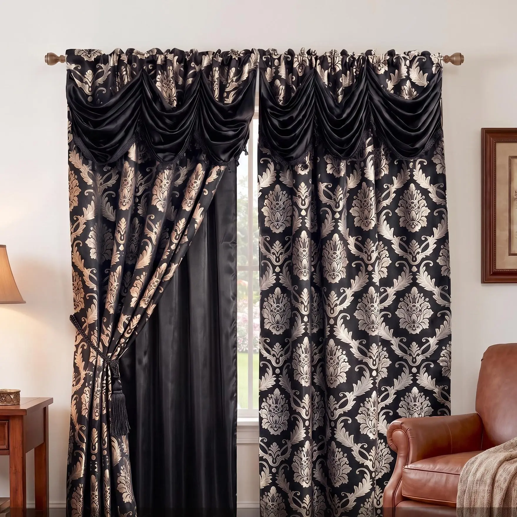 Baroque Damask Curtain Set 2 Panels 52x84 95 102 110 Inch with Attached Swag Waterfall Valance, Ornate Jacquard Double Layer Rod Pocket Drapes with Satin Blackout Liner, Fringe Trim Glam Decor for Formal Living Room Bedroom Dining JV1