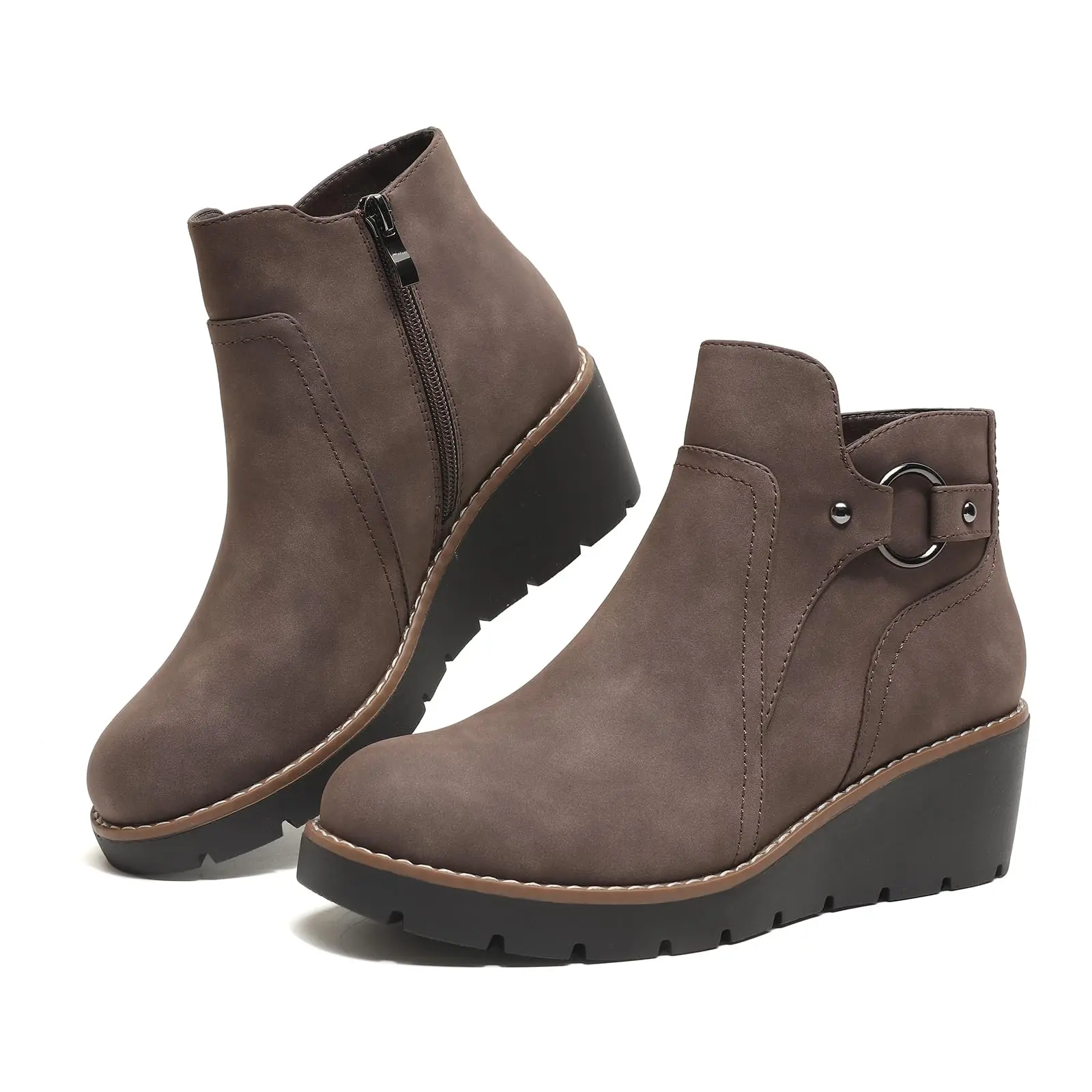 Womens Chunky Heel Ankle Boots, Round Toe Wedge Booties with Side Zipper, Comfortable Fall Winter Boots for Casual Dress, Work & Everyday Wear