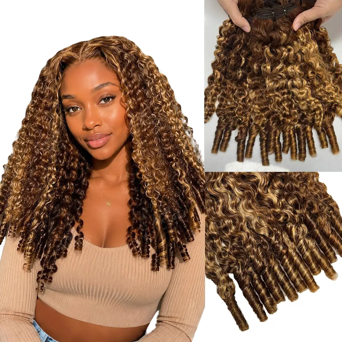 OQ HAIR 4/27 Highlight Color Burmese Curly Bundles Human Hair 100% Unprocessed Human Hair Extensions for Women Natural Spiral Curly End Human Hair Weft Extensions