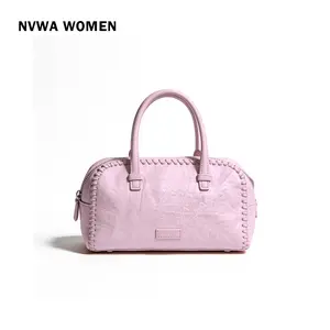 Women's Pastel Pink Satchel, Vintage Whipstitch Edge Design, Perfect Everyday Purse, Y2K Top Handle Handbag, Spring Summer plain casual trendy all-match commuter bag