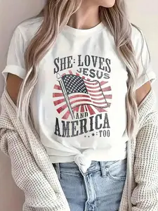 She Loves Jesus And America Too American USA Flag Men Women T-Shirt Print Crew Neck T-Shirt For Summer, Women's Soft Short Sleeve Top, Stylish Comfy Tee For Women Graphic Tees