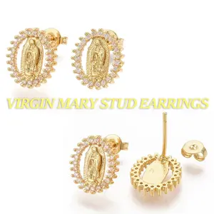 14K Gold Plated Virgin Mary Stud Earrings Hypoallergenic Cubic Zirconia Vintage Religious Our Lady of Guadalupe Stud Earring for Women Jewelry Gift