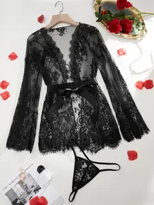 Women's Floral Mesh Belted Robe Long Sleeve & Sheer Thong Sexy Lingerie Two-piece Set, Sexy Romantic Comfy Breathable Mesh Lingerie Set for Women, Women's Lingerie & Underwear for All Seasons Nightwear