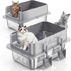 2 Pack XL Stainless Steel Cat Litter Box with Lid and High Sides, 24" L x 16" W x 12" H Extra Large Metal Cat Litter Boxes for multi-cat households, Leak-Proof, Odor-Resistant, Includes Scoop