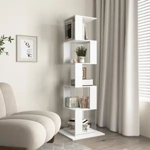 360 Rotating Bookshelf 5 Tier Tall White - Acrylic Display Shelf with Wood Veneer for Living Room Home Office Bedroom - Floor Rack Bookcase Modern Storage Furniture with Anti-Topple Base - Small Space Apartment Dorm Essentials