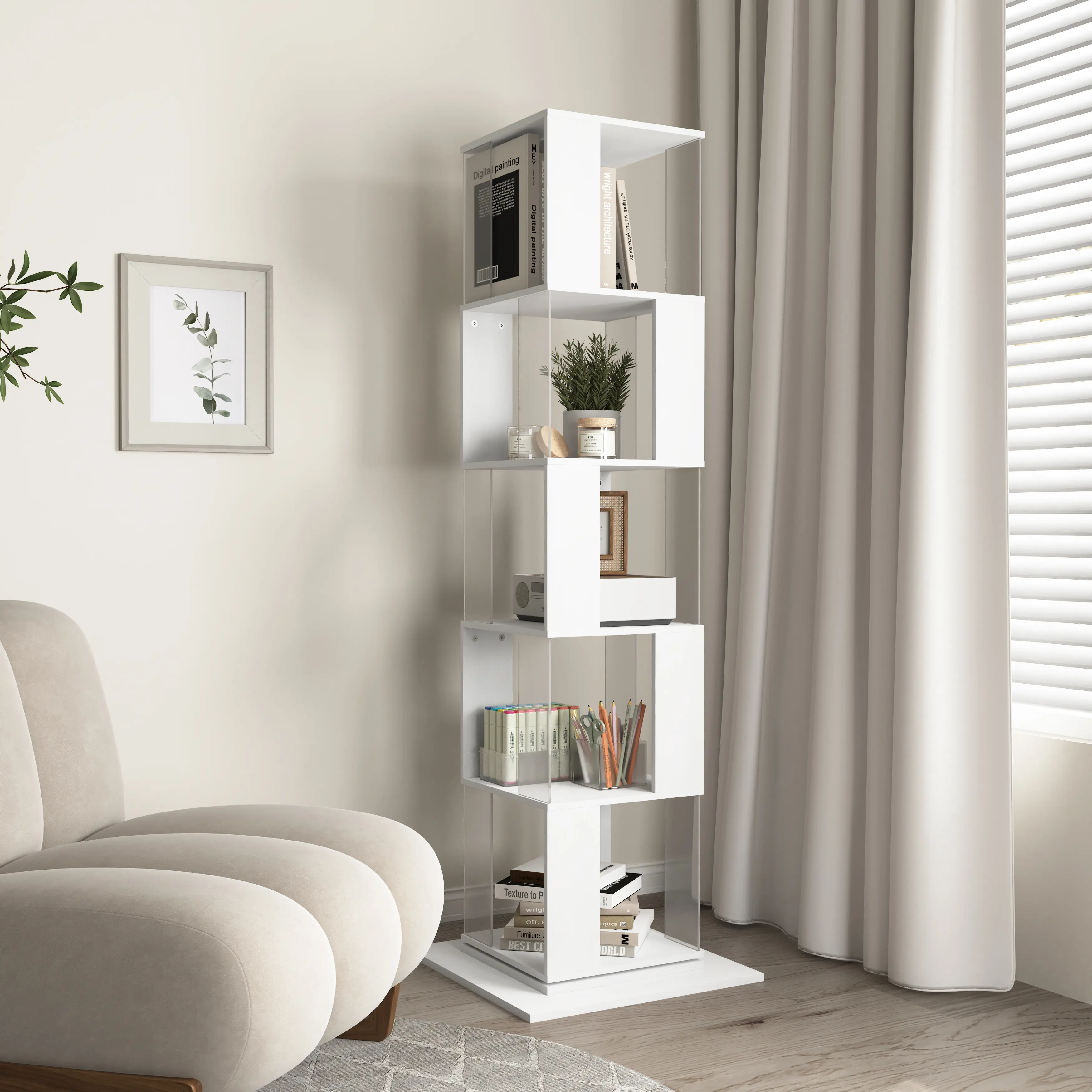 White 5-Tier Round 360° Stereo Rotating Acrylic-Wood Veneer Bookshelf, Contemporary 19.68" L x 19.68" W x 63.00" H 34.2 lbs, Anti-Topple Base, Office/Living Room Storage Furniture, Small Space Essential, Wipe-Clean Surface, 360° Stereo Rotation