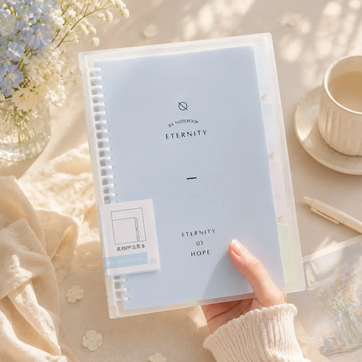 Back to School, A5 Loose Leaf Notebook with 4 Color Index Dividers, Frosted PP Cover Refillable Binder Journal, Aesthetic Pastel Blue Notebook for Student School Office Note Taking