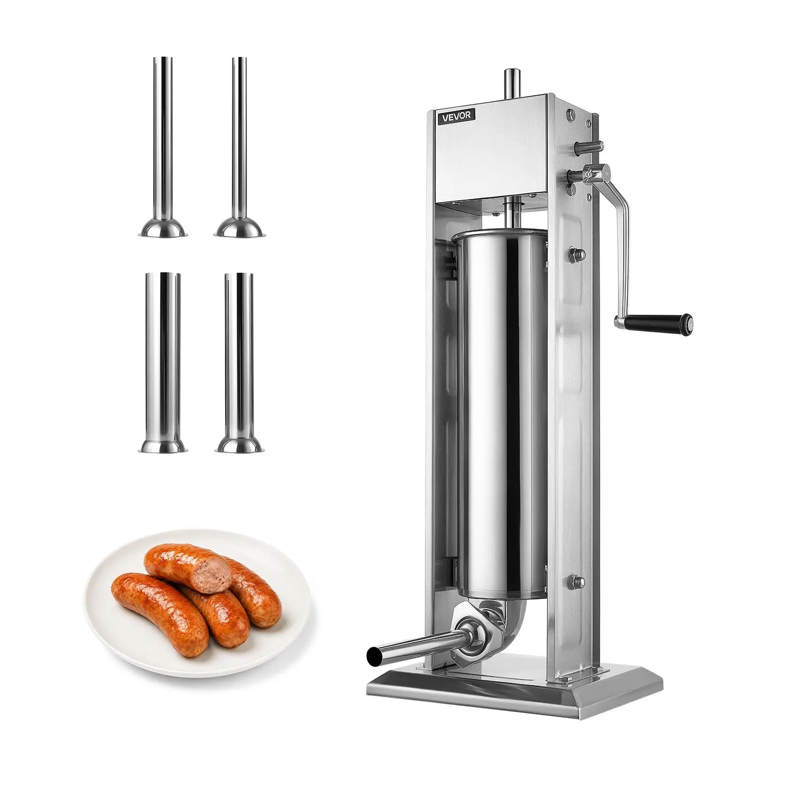 VEVOR Manual Sausage Stuffer 15 lbs/ 7L Vertical Meat Maker Stainless Steel, for Home Camping Outdoor Grill BBQ, Dual-Speed Meat Stuffer, Professional Heavy Duty Sausage Filler Kit, 4 Filling Tubes