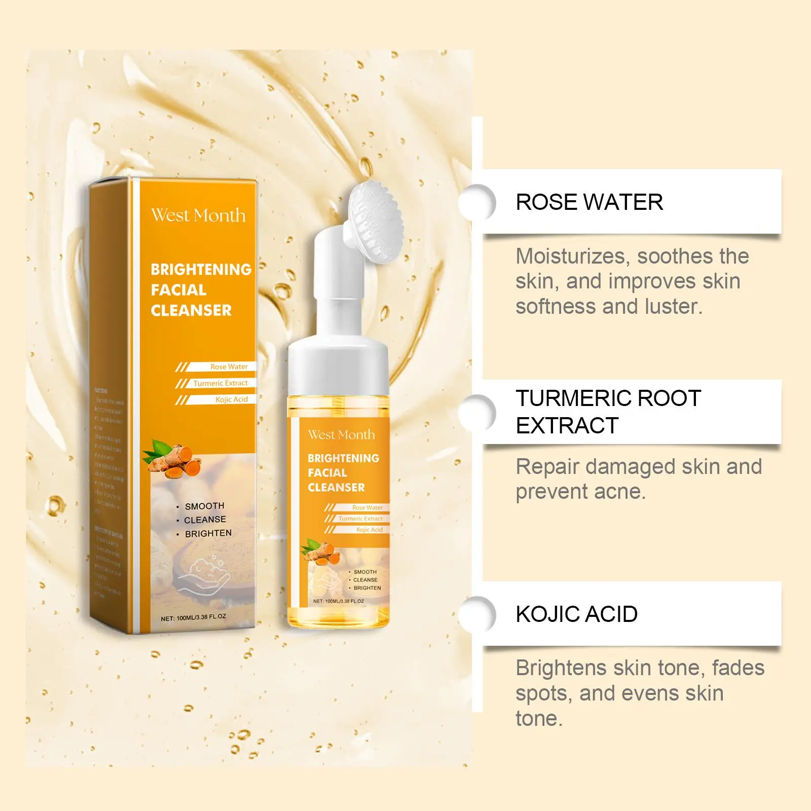 West&Month Turmeric Cleanser Gentle Facial Cleanser Moisturizing Refreshing Non-Tightening Lemon Skincare Antibacterial Brush Face Wash Kojic Acid Moisturize Squeeze Comfort