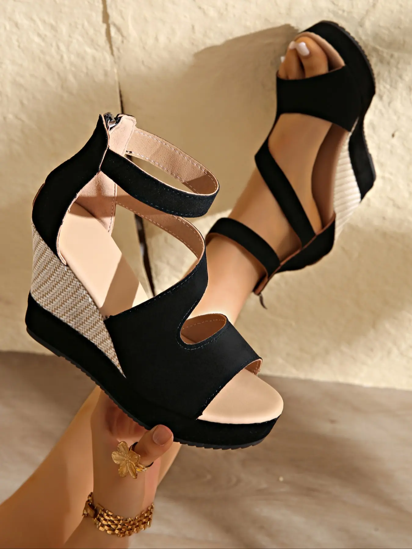 Women's Wedge Sandals, Open Toe Hollow Out Strap Design, Ankle Strap Zipper Shoes, Comfortable Thick Sole Summer Footwear