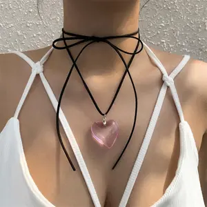 Chunky Puffy Heart Choker Necklace Big Glass Heart Pendant Necklace Adjustable Gothic Braided Black Velvet Chain for Women Y2K Jewelry