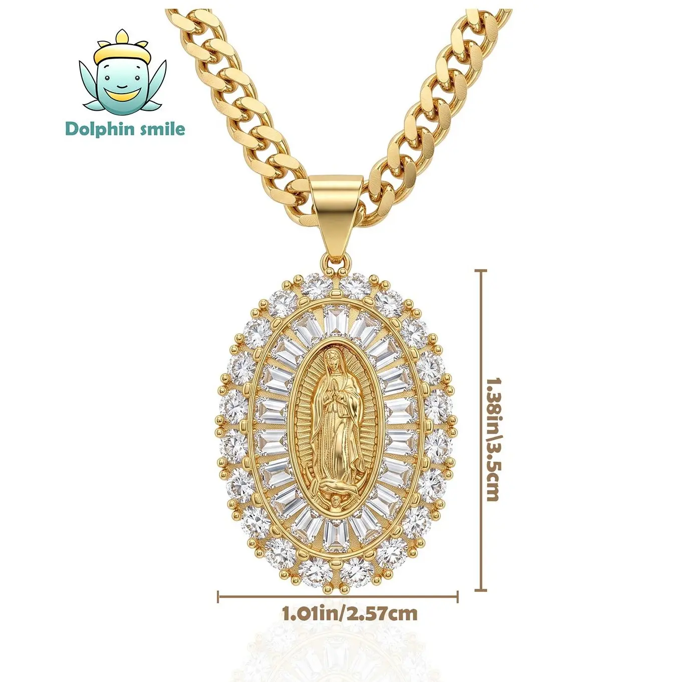 DolphinSmile Unisex 14K Gold Virgin Mary Necklace - Nanotech Tarnish-Free Cuban Link, Figaro, Miami Rope Chains - Religious Crucifix Necklaces