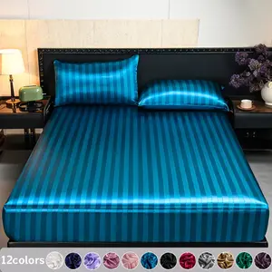 Premium 2/3PCS Silky Satin Fitted Sheet Set with Pillowcases, Striped Design, Soft Breathable Cooling Bedding, Dustproof Mattress Protector, Machine Washable
