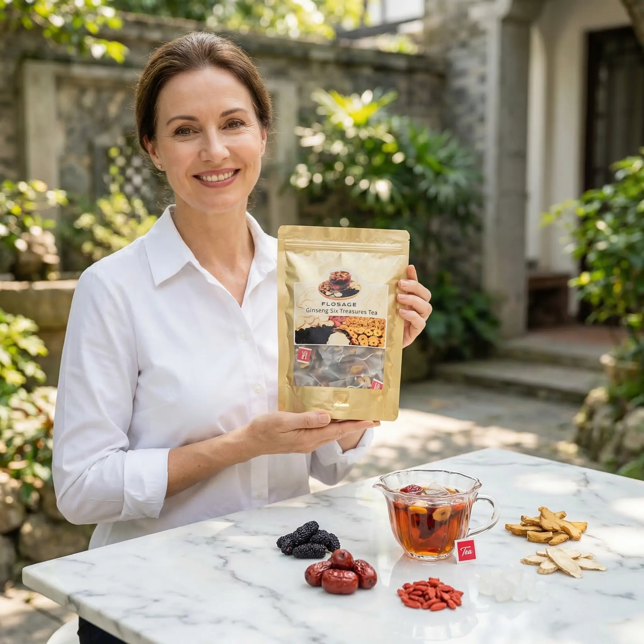 【Flosage】Organic Ginseng Six Treasures Tea&Liver and Kidney Support Herbal Tea -  Hand-picked Herb Tea  with 6 Organic Herbs & Edible Corn Fiber,  Traditional Herbal Kidney Detox Tea for Men & Women, Natural 6 Precious Ingredients Formula,