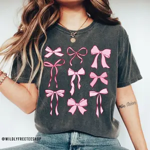 Ribbon Shirt For Girl Bow T Shirt Trendy Tees Shirt For Women Pink T Shirt Gift For Mom Birthday Gift For Friend Shirts With Bow Ribbon Tee