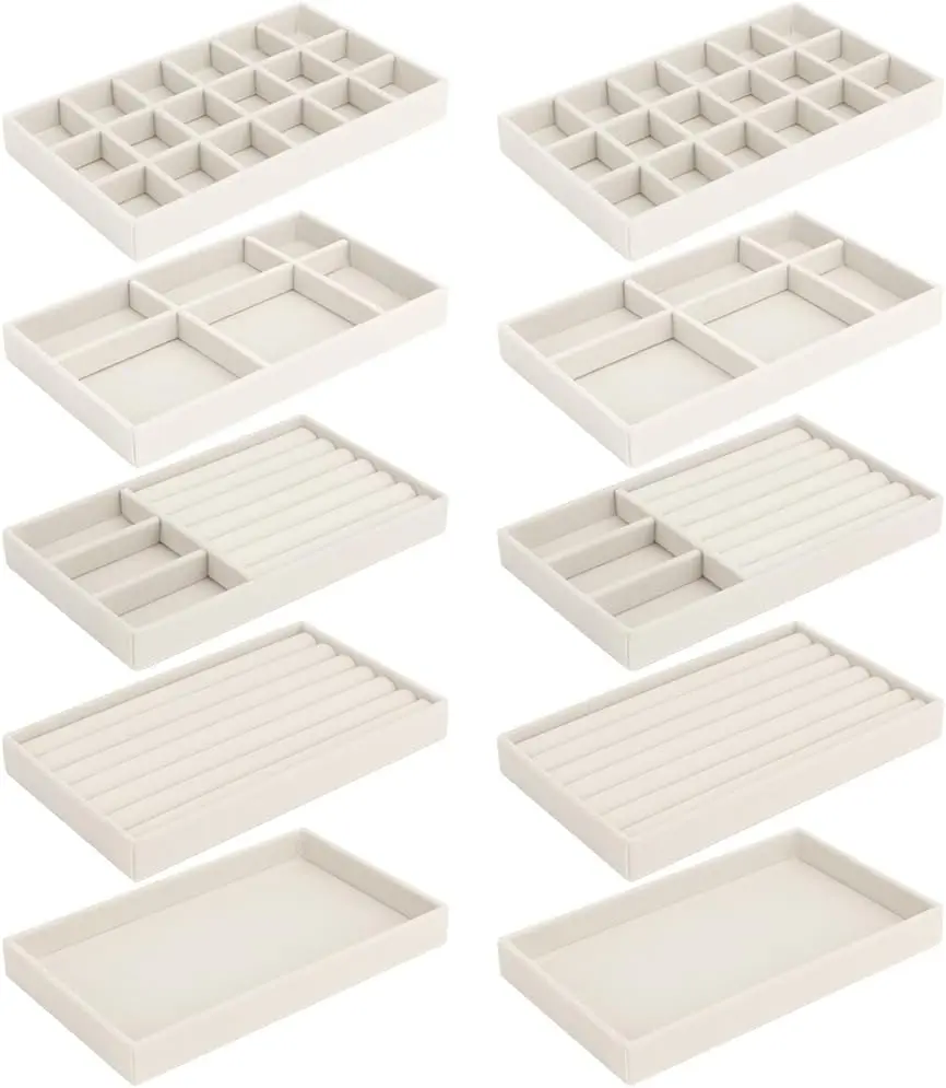 10 Pack Jewelry Trays Drawers, Stackable Jewelry Drawer Organizers Storage Display, Velvet Jewelry Organizer Inserts Drawers Ring Earring Holder, Women Gifts Fit in Wardrobe Dresser