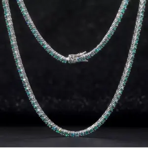 VVS  Solid 925 Silver 4mm Blue/Green Moissanite Tennis Chain