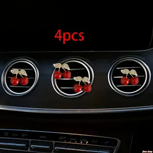 2/4pcs of Rhinestone Cherry Car Fragrance Diffuser Clips for Decoration, Unscented, Fruit Car Air Conditioning Vent Decor with Odorless Fragrance Pads for Adding Your Own Scent for Reuse, Without Battery