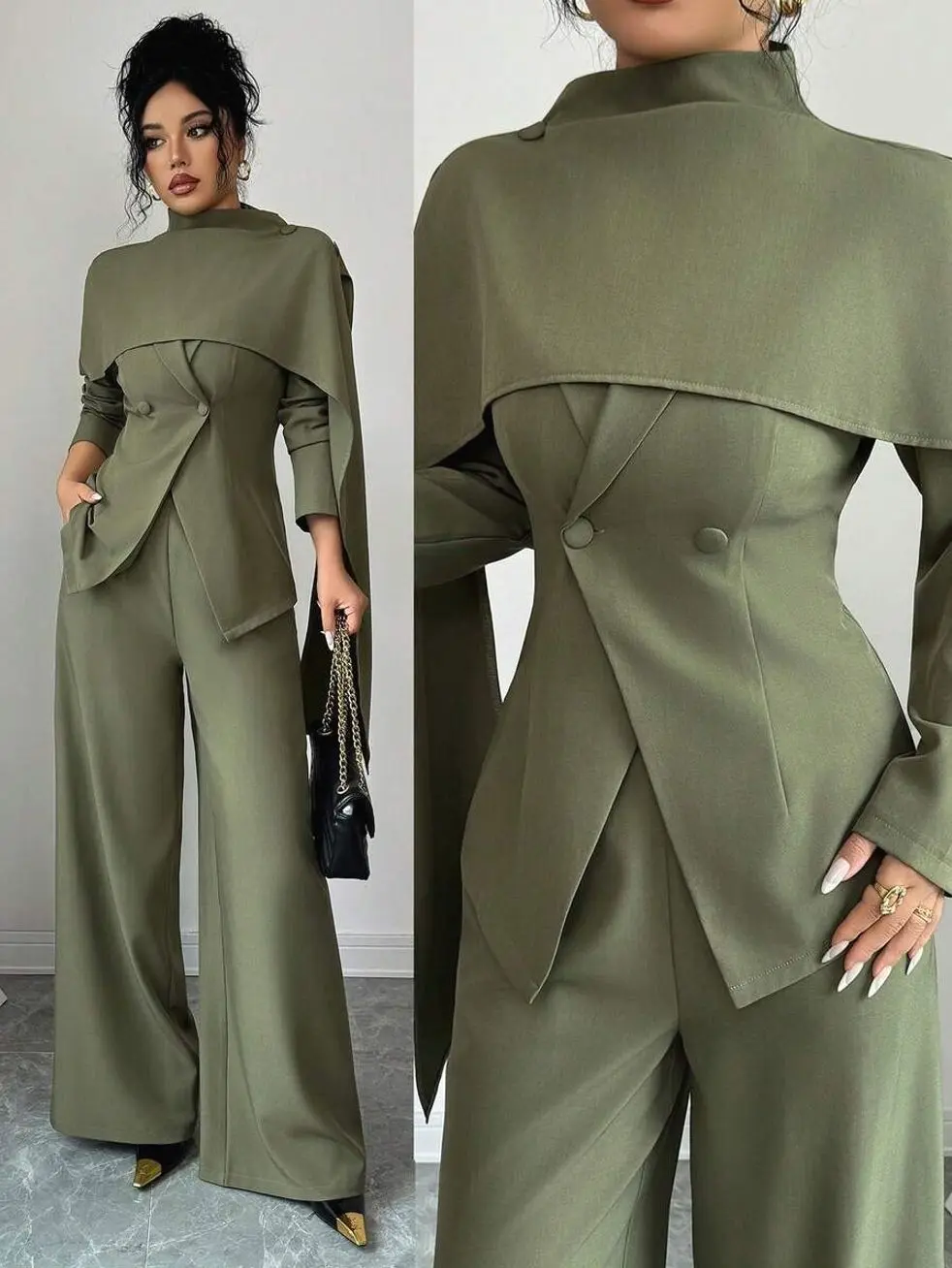 Women's Elegant Olive Green 3-Piece Set,Autumn Office Professional Outfit,Stand Collar Poncho V-Neck Waist Cinched Jacket&Loose Straight Leg Pants