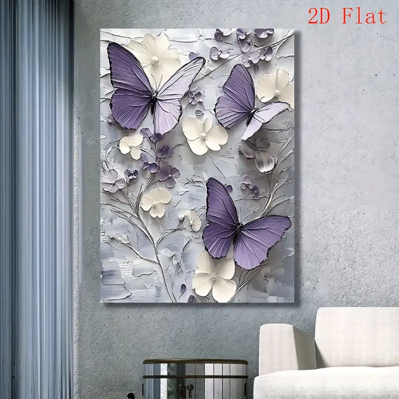 2D Flat, 1 Piece Elegant Butterfly and Floral Canvas Wall Art - Country Style, Purple and White Floral Design, Gray Background, Perfect for Weddings, Bridal Parties or Home Decoration, Butterfly Decoration Hanging Gift Kit Ornaments, Blooming Floral Print