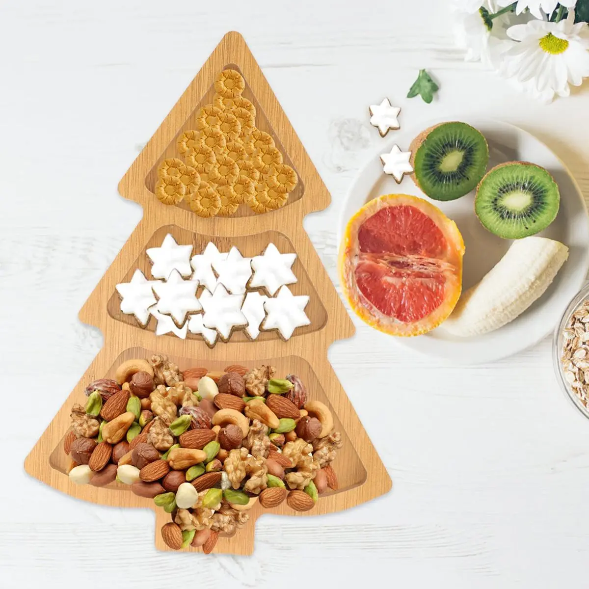 Wooden Christmas Tree Shaped Snack Tray, 1 Count Wooden Snack Holder, Snack Display Tray for Nuts, Cookies & Fruits, Christmas Decorations