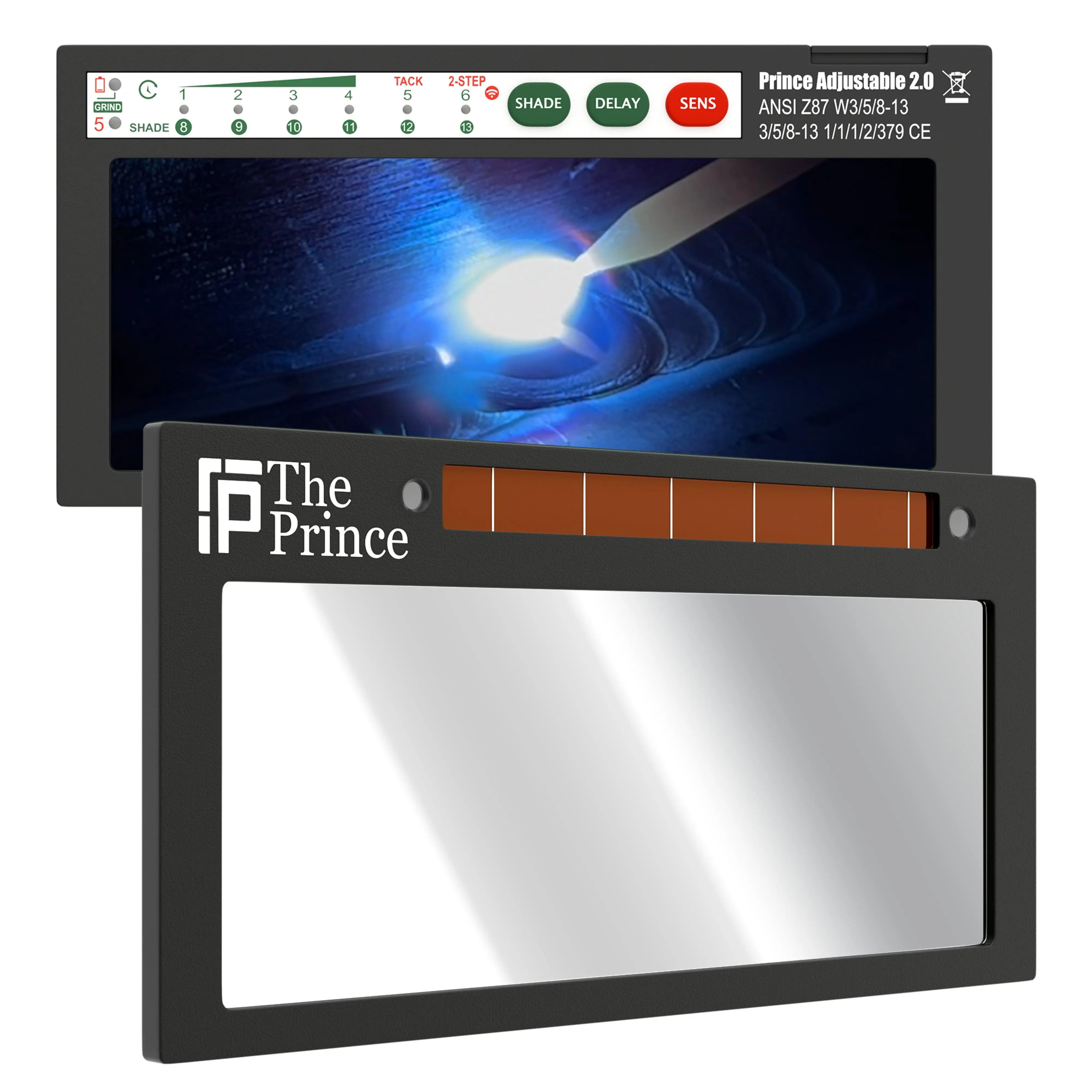 The Prince Adjustable 2.0 - 5A TIG RATED + Grind Mode Silver Auto Darkening Lens | Adjustable Shade