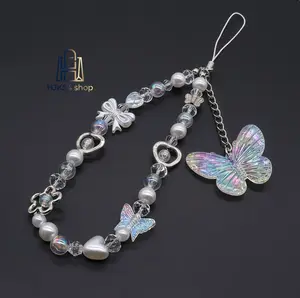 Cute Iridescent Butterfly Beaded Phone Charm Strap, Pearl Bow Heart Flower Acrylic Bead Wrist Lanyard, Multicolor Kawaii Y2K Phone Chain Pendant for iPhone Android Cell Phone Key Bag Daily Aesthetic Decor