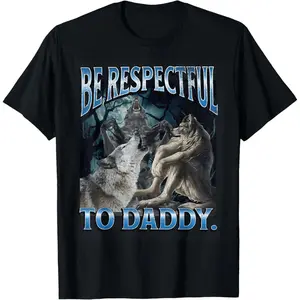 Women's Unisex Funny Cringe Werewolf Wolf Meme Retro Graphic Tee, Fitted Short Sleeve Funny Print Shirts, Respectful To Daddy Vintage Fashion Top for Vacation Outfits summerwins cotton short-sleeve classic t-shirt