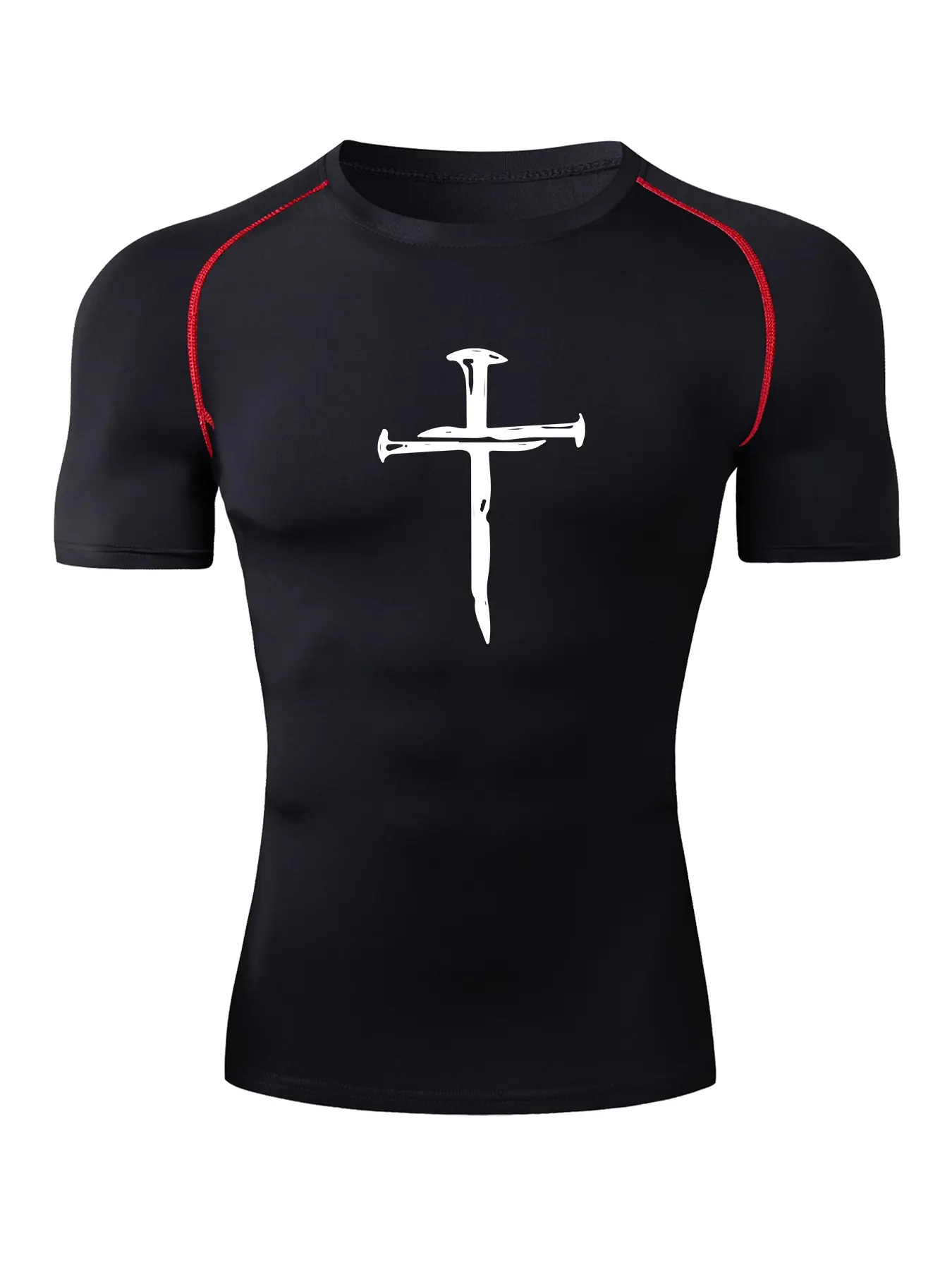 Men's Nail Cross Print Short Sleeve Compression Shirt, Gym Workout Fitness Running T-Shirt Tees, Tight-Fitting Sporty Rash Guard Baselayers Undershirts, Summer Quick-Dry Breathable Round Neck Shirt, Compression Sports Tee, Fitness Top