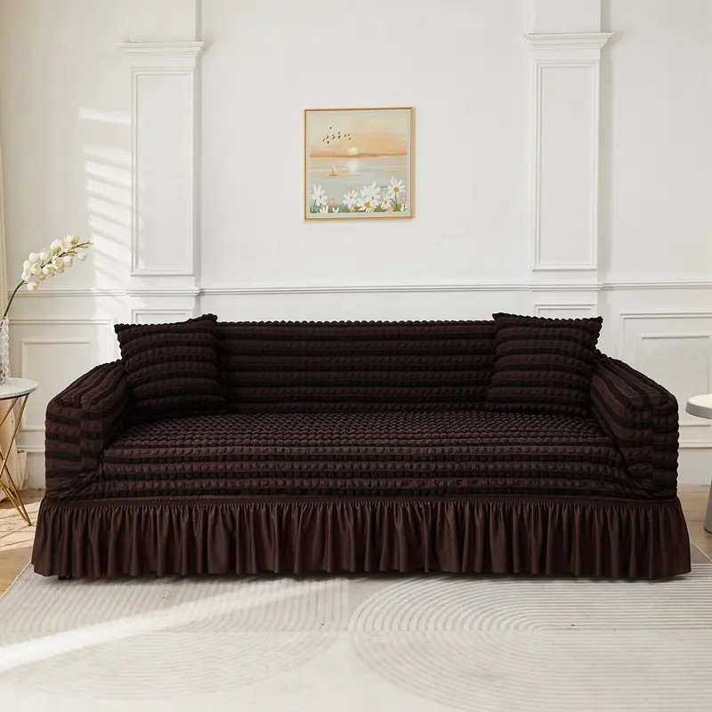 1 Piece Solid Color Elastic Bubble Gauze Sofa Couch Slipcover - Skirt Design, Durable Stretch Fabric Cover, Easy-Fit Indoor 3seat 74.8-90.55in(190-230cm) Decorative Living Room Furniture Protector