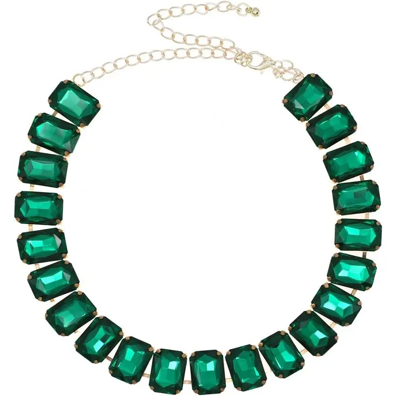 Women's Adjustable Crystal Rhinestone Choker Collar Necklace, 13in-14in Gold Chain, Bright Multicolor Emerald Statement Costume Jewelry, 35Cm-45Cm