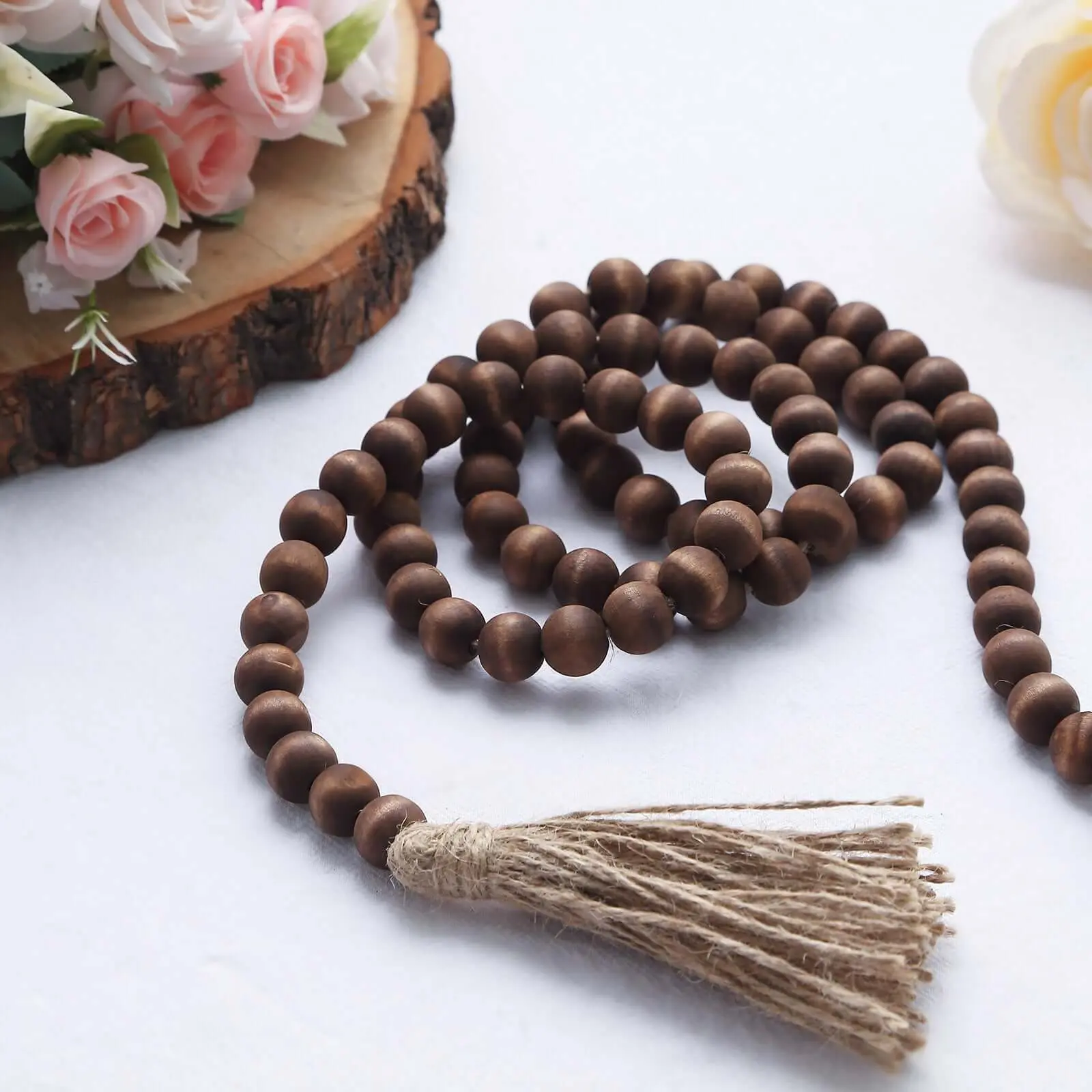 55 in Hangable Brown Farmhouse Wood Bead Hanging Garland with Tassels - Rustic Boho Beading Hanging Decor for Home, Wedding, Father's Day Holiday Decor, Boho Decoration