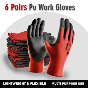 Men's PU Coated Seamless Outdoor Work Gloves, Durable Anti-Slip, 6 Pairs, Ideal for Construction, Warehouse, Auto Repair