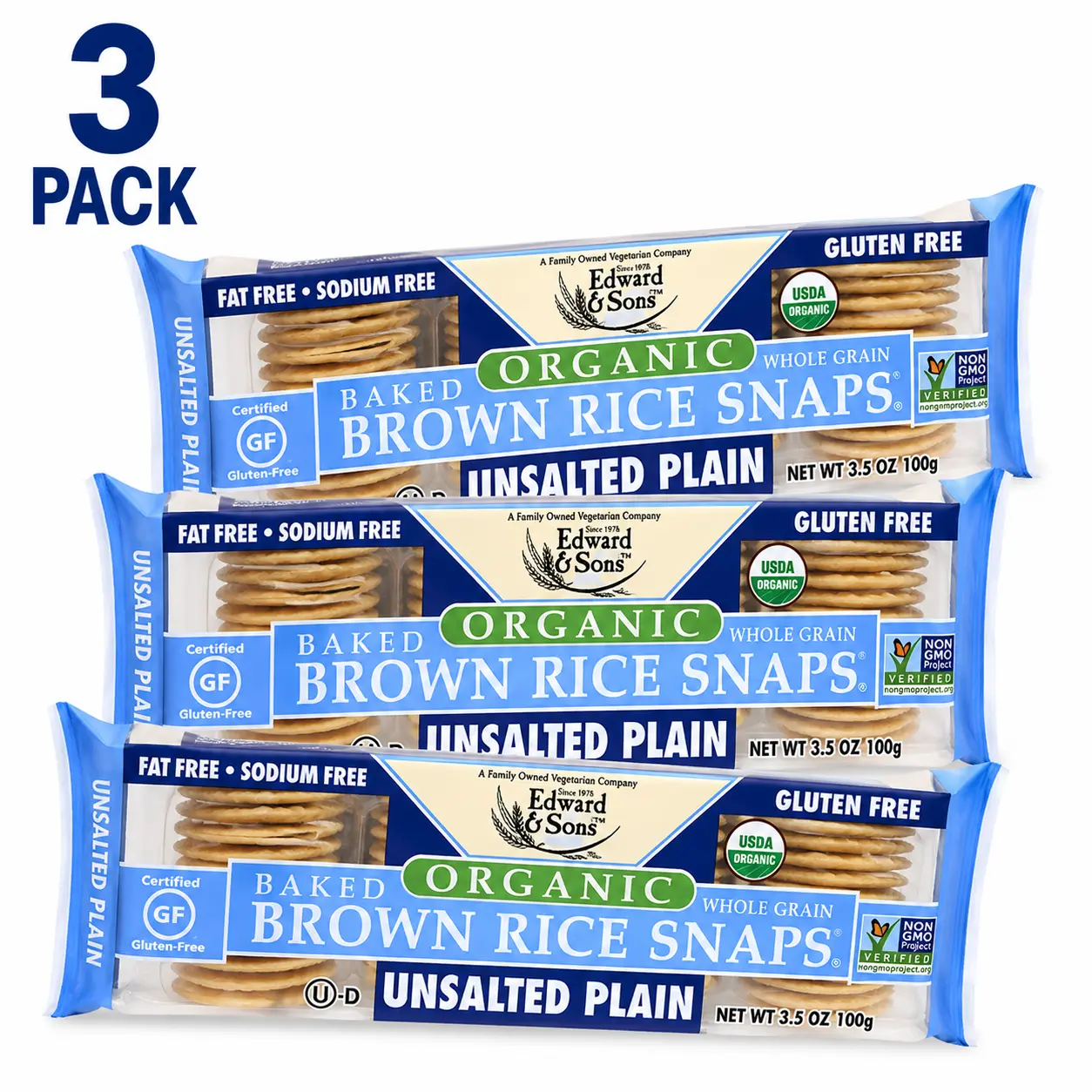 Organic Unsalted Sugar-Free Brown Rice Cream Crackers, Gluten-Free Light Crunchy Snacks, 3-Pack (3.5 Oz Each)