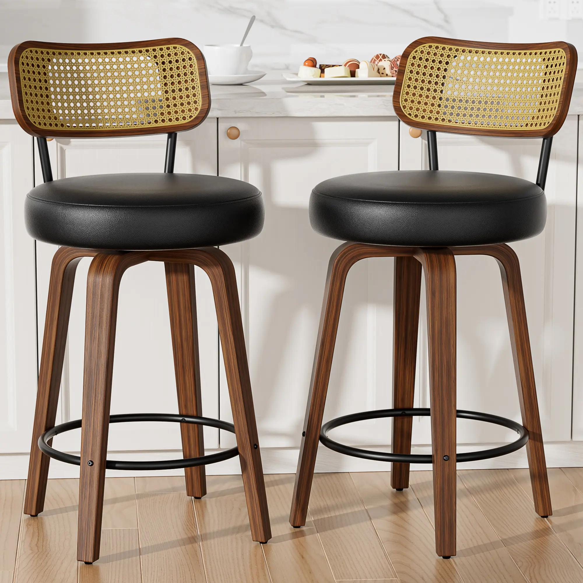 Aowos Swivel Bar Stools, 26" Upholstered Counter Height Stools with Rattan Back and Wood Legs, PU Leather Barstools for Kitchen Island Dining Room, soft, seat, cushion, Black , White