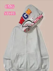 Women's Double Hooded Shark Zip-Up Hoodie - Unique Shark Design, Loose Fit, Warm & Light Grey-Friendly Fabric, Smooth Zipper, Casual Streetwear for Fall/ Winter, Layering Essential, Casual Streetwear | Unique Hoodie | Smooth Zipper Hoodie