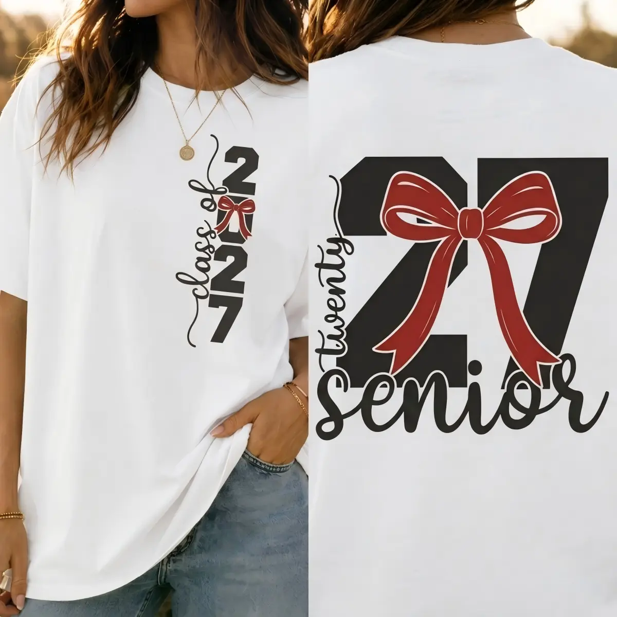 Class of 2027 Senior Ribbon Bow T-Shirt, “Twenty 27” Number Print Off-White Casual Crewneck Graduation Gift Shirt
