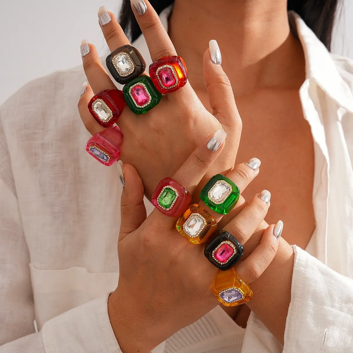 Women's Y2K Dopamine Multicolor Geometric Jelly Artificial Zircon Chunky Ring Accessories Mothers Day Gifts Ideas Cute Gifts For Girlfriend