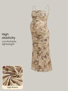 ELARA Expecting Mothers Gown Botanical Art Gathered Sides Form-Fitting Mermaid Tail Photography Beige Tone Outfit