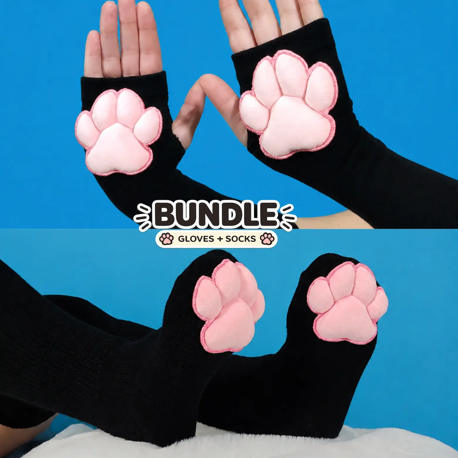 Paw Socks & Glove Set– Pink Plush Paw Pads Black Thigh Highs