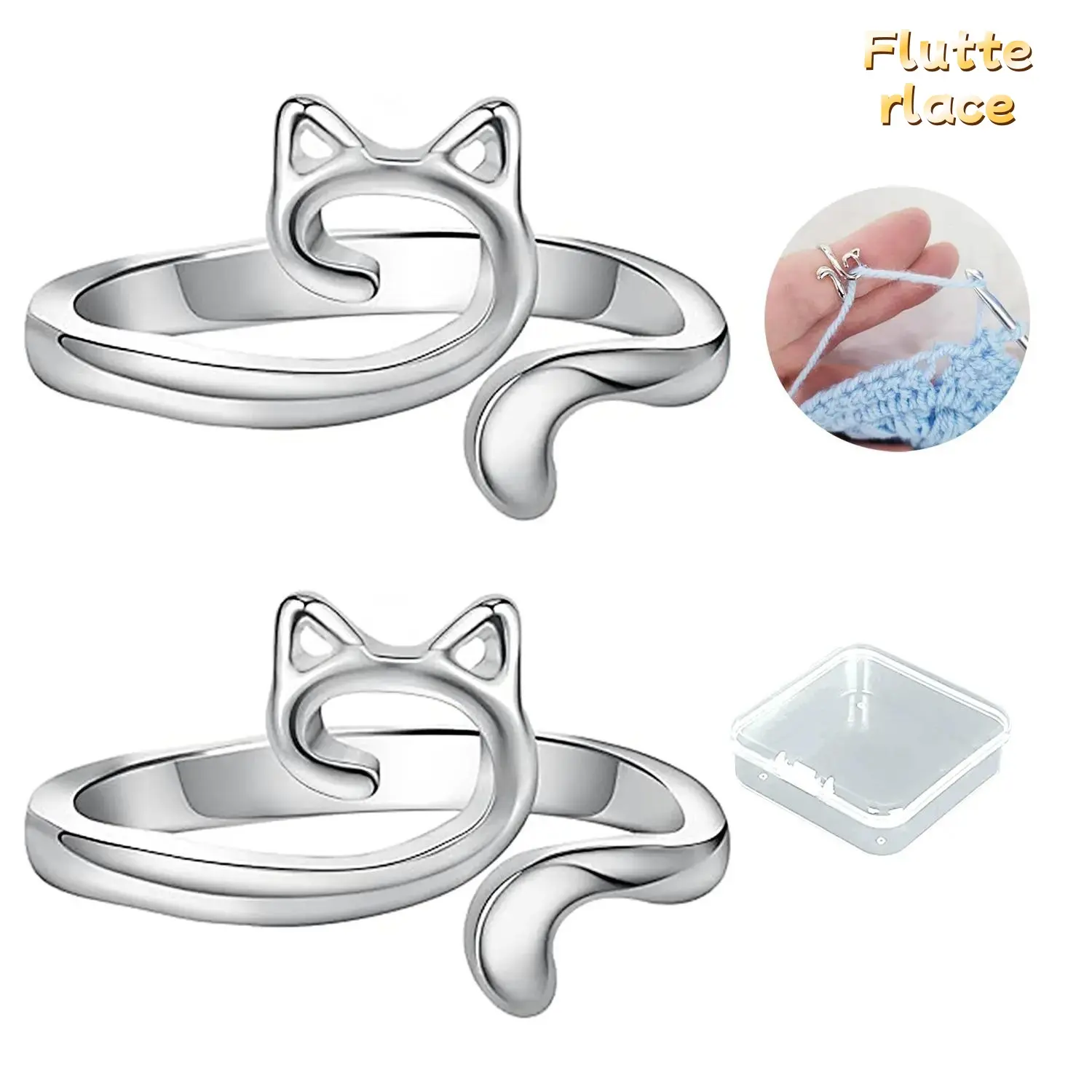 2PCS Crochet Ring Yarn Guide for Knitting & Crocheting, Adjustable Cat Design Finger Loop, Anti-Slip Tension Ring Tool, TikTok Trending Knitting Accessory, Gift for Crocheters & DIY Lovers